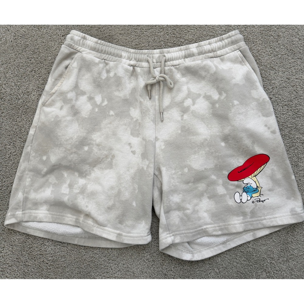 The Smurfs Mens Retro Tie Dye Fleece Sweat Shorts Grey White Mushroom Large